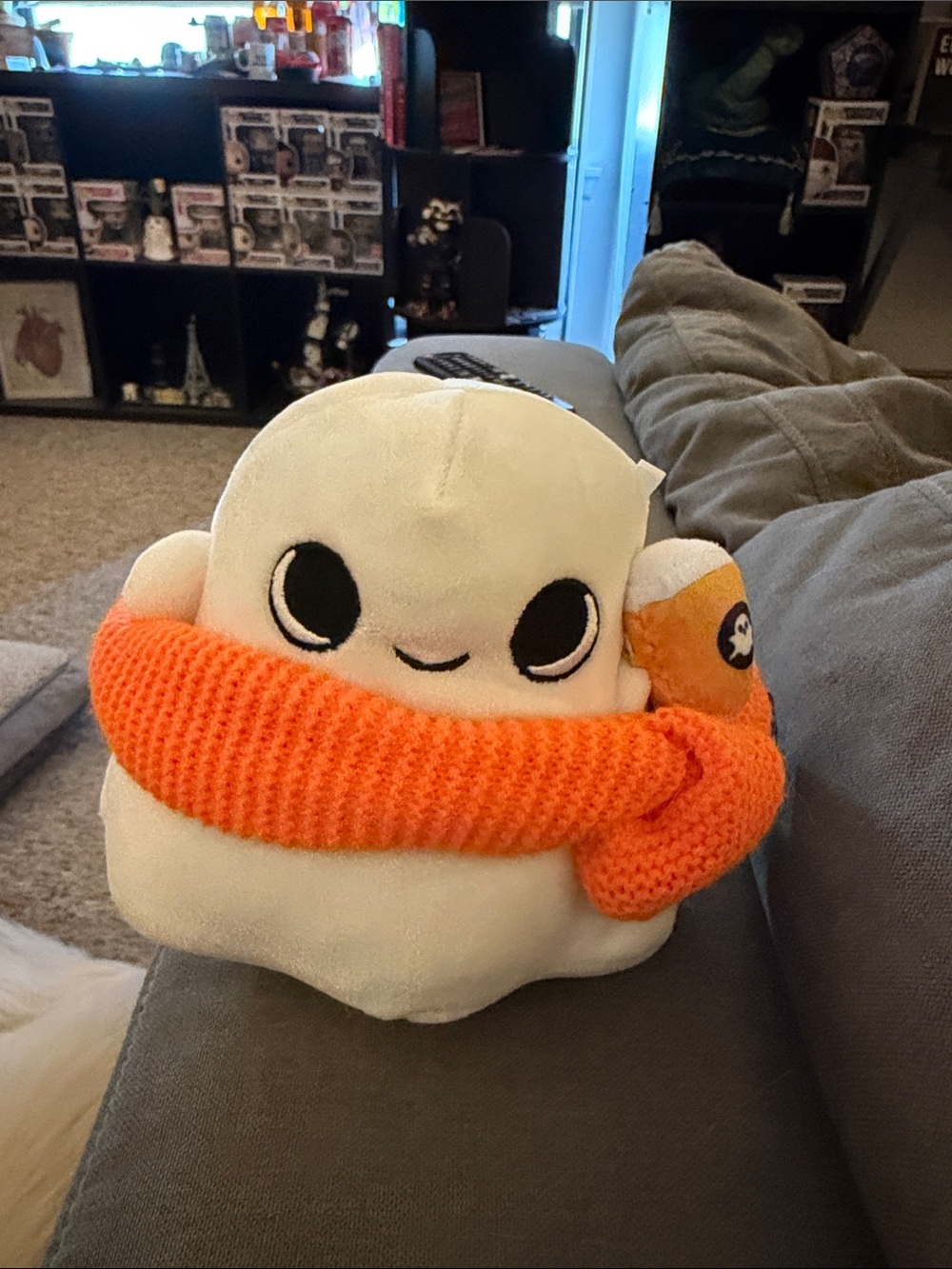 White Plush Ghost with Bright Orange Scarf and drink